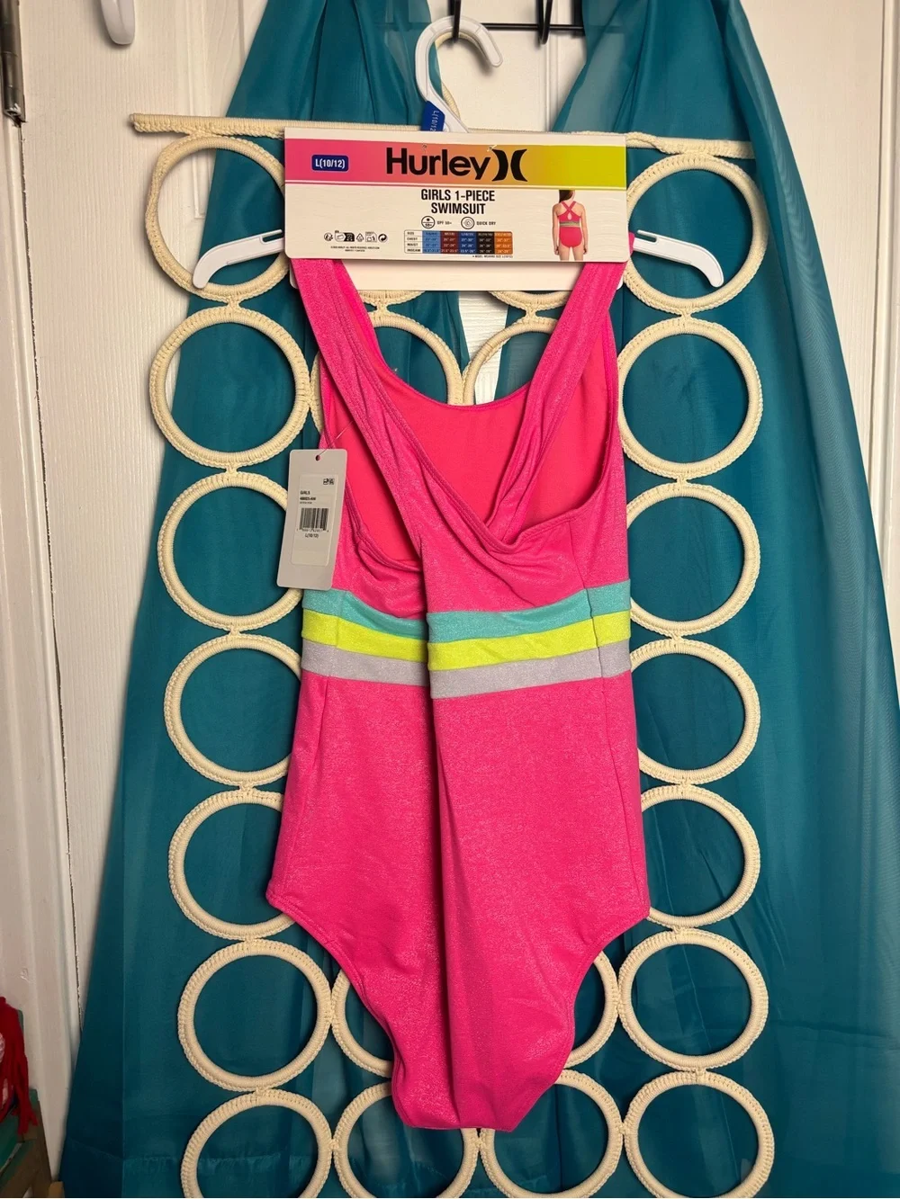 Hurley Pink Girls' One-Piece Swimsuit with Teal, Yellow & Gray Stripes Large NWT
